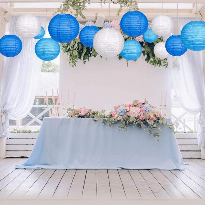 zilue 24pcs Hanging Round Paper Lanterns for Wedding Birthday Party Baby Showers Decoration Blue/White - Image 4